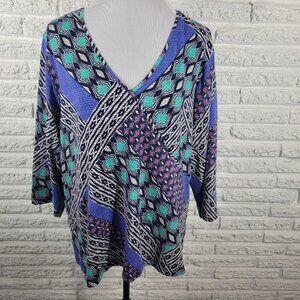 Ruby Rd Women's 2X Plus Size Blue Black Geometric 3/4 Sleeve V-Neck Top GEO37XE